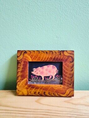 Vintage Claudia Hopf Limited Edition Folk Art Pig Print – Hand-Carved Framed Art